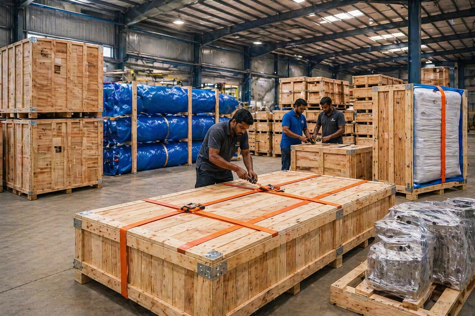 Industrial packaging manufacturing facility with corrugated boxes and packaging lines