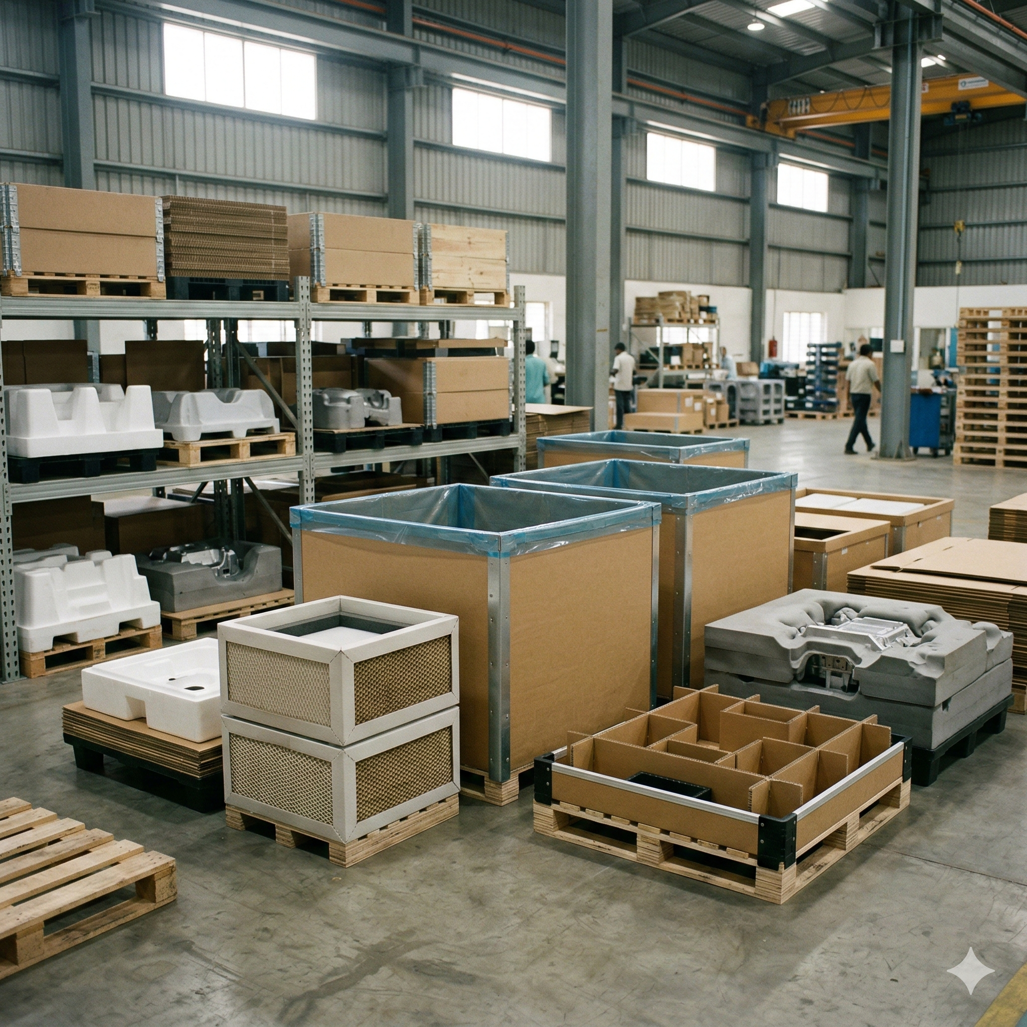 Heavy-duty industrial packaging boxes and corrugated packaging systems in warehouse